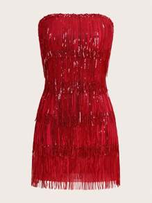 SHEIN ICON Vestido Rojo Atractivo Sin Tirantes Para Mujer Con Flecos Y Lentejuelas Para Fiesta - Rojo - Ver 1