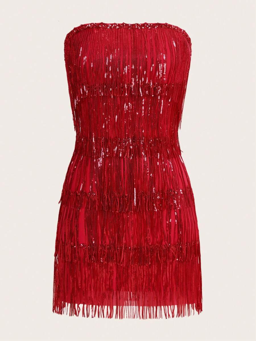 SHEIN ICON Vestido Rojo Atractivo Sin Tirantes Para Mujer Con Flecos Y Lentejuelas Para Fiesta - Rojo - Ver 1