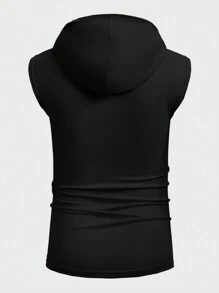 Solurane Camiseta de tirantes con capucha y cordón de unicolor para hombres, vacaciones - Negro - Ver 3