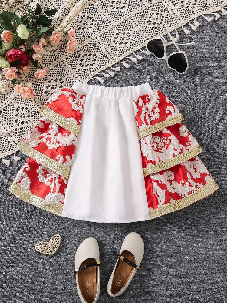 Young Girl's Color Block Design Jacquard Fabric Skirt With Layered Ruffles And Asymmetrical Hem