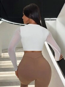 SHEIN SXY Mesh Splice Twist Front Short Tight T-Shirt Spring Summer Outfits White Date Night Tops Mesh Sleeves Basic Matching - White - View 2