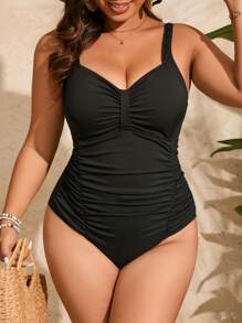 Swim Vcay Traje De Baño De Una Sola Pieza De Talla Grande Con Diseño Fruncido En Color Sólido