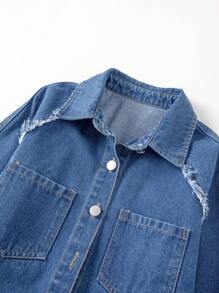 Tween 女孩日常休閒長袖牛仔襯衫 - 中等水洗藍 - 查看 3