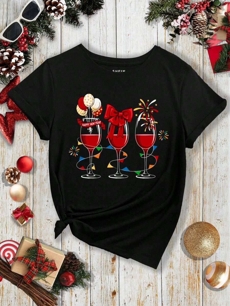 SHEIN LUNE Của phụ nữ Cao-top Cúp In Ngắn tay Áo thun - màu đen - Xem 1