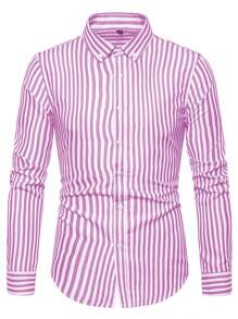 Manfinity Homme Men's Vertical Striped Long Sleeve Shirt, Fall, Old Money Style - Pink - View 3