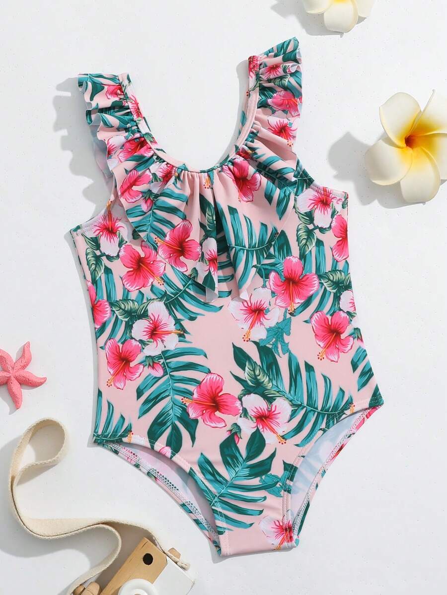 Traje de baño de una pieza para bebé niña con estampado de patrón de planta - Multicolor - Ver 1