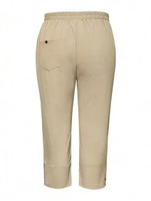 大尺碼女裝純色彈性腰長褲 - 卡其色 - 查看 2