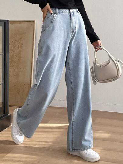 DAZY 纯色斜插口袋牛仔裤 女款