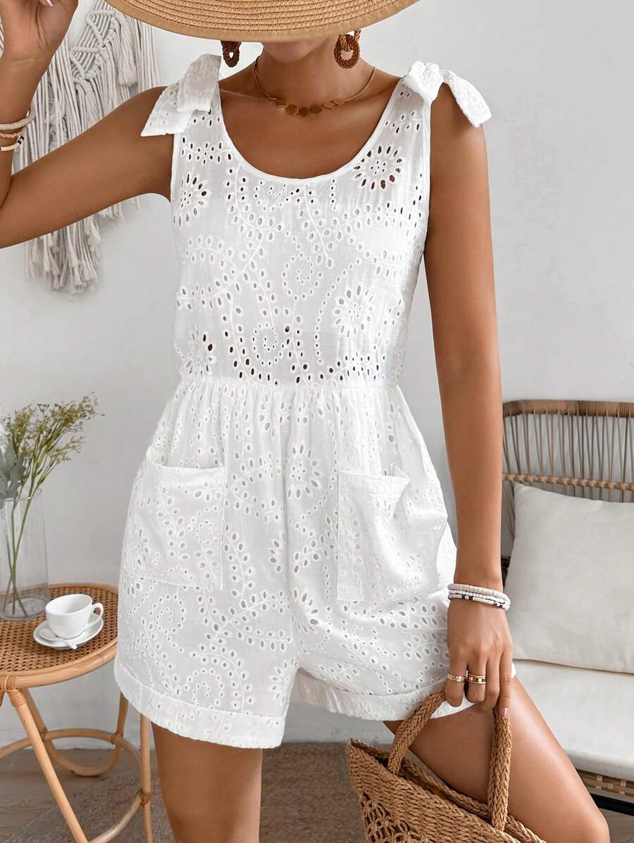 SHEIN LUNE Women's Tie Shoulder Embroidered Romper - White - View 1