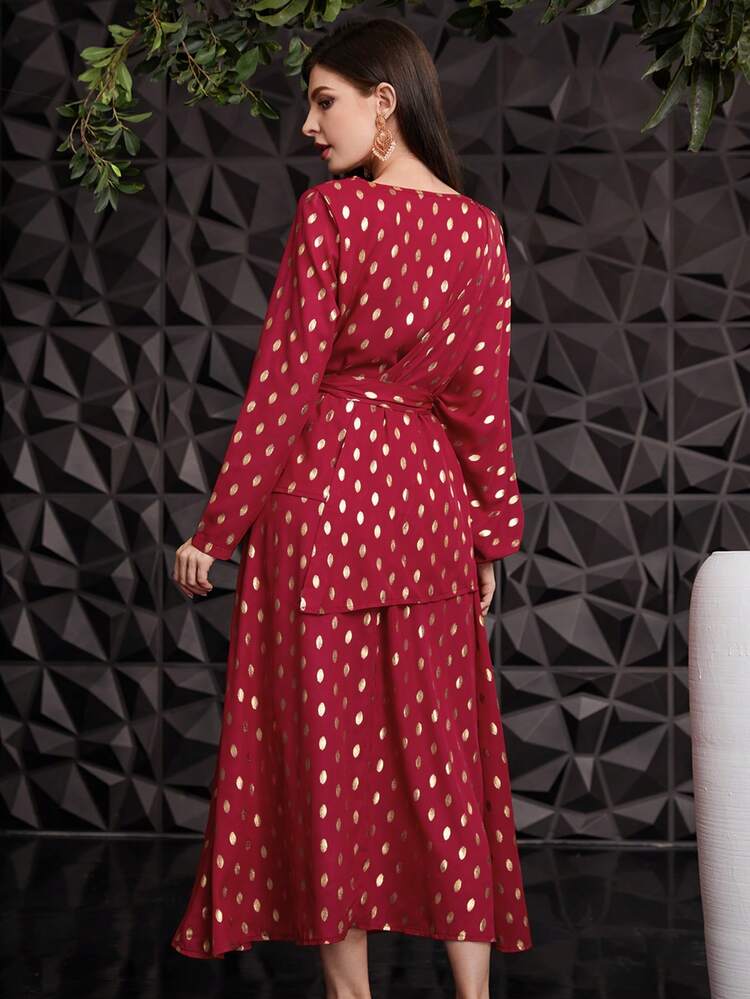 Women's Asymmetrical Hem Top And Skirt Set With Gold Foil Print 2 Piece Set Fall Cloth For Women