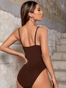 SHEIN BAE Lace Paneled Mesh Cami Bodysuit - Coffee Brown - View 2