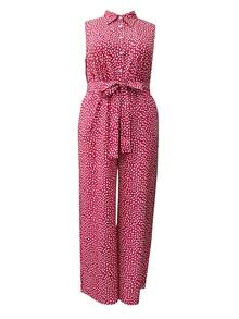 Plus Size Women Full Print Sleeveless Shirt Jumpsuit - Multicolor - View 4