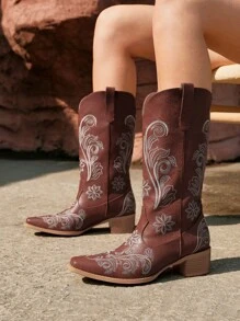 Fashionable Western Style Embroidered Boots With Square Toe And Chunky Heels,Retro Style White Floral Decorated Western Cowboy Boots - Brown - View 5