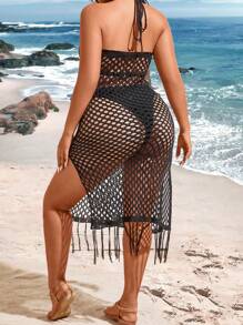 Breezaya Plus Size Knitted Hollow Out Fringed Hem Halter Sweater Dress