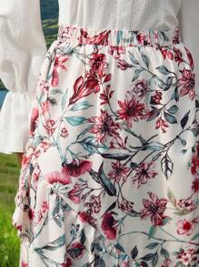 SHEIN VCAY Women's Floral Print Ruffle Wrap Floral Skirt - White - View 5