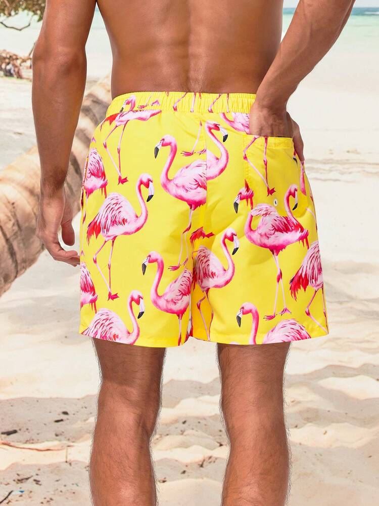 Men's Flamingo Pattern Drawstring Beach Shorts