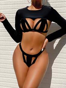 Swim SXY 女士纯色镂空比基尼套装音乐节夏日海滩 - 黑色 - 查看 1