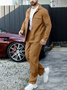 Manfinity Homme Men's Solid Color Button-down Shirt And Straight Pants Two Piece Set - Khaki - View 3
