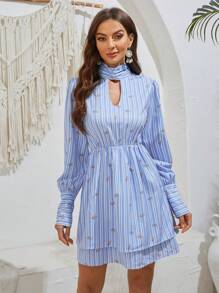 Aveloria Striped Little Floral Printed Stand Collar Hollow Out Long Sleeve Dress