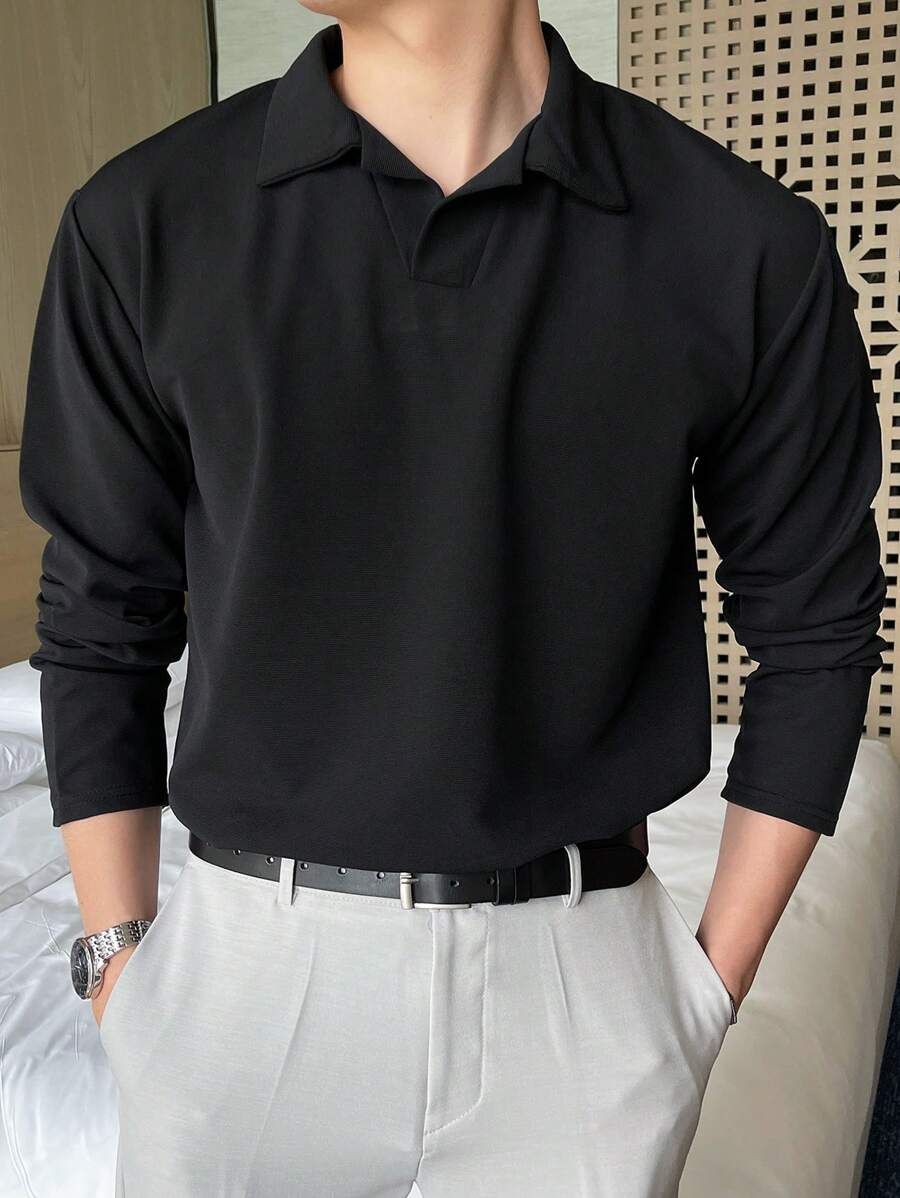 DAZY Men's Solid Color Long Sleeve Polo Shirt Business Attire - Black - View 1