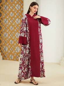 Al Najma 勃艮第红女装连帽花卉印花连衣裙 - 酒紅色 - 查看 6