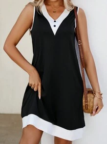 SHEIN LUNE Của phụ nữ Cổ chữ V Không tay Khối màu Đầm - Đen và trắng - Xem 5