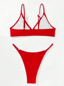 SHEIN Swim Summer Beach Bikini Set With Circular Decoration Spaghetti Strap Triangle Bra & Bikini Set Bottom Bikini Set - Red - View 2