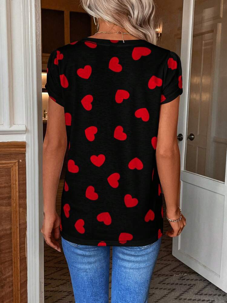 Heart Print Cap Sleeve T-Shirt