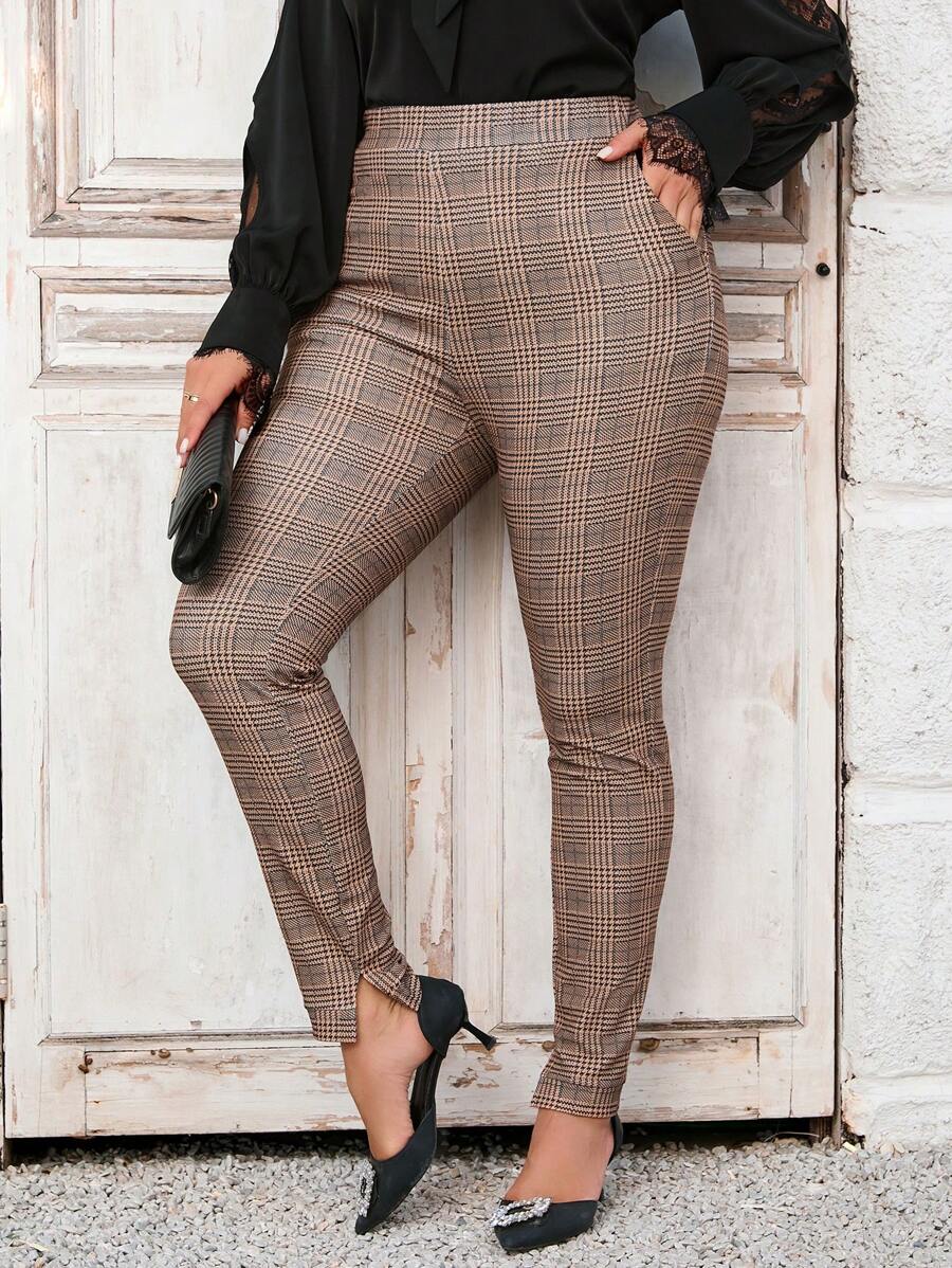 SHEIN Clasi Plus Size Checkered Skinny Pants - Brown - View 1