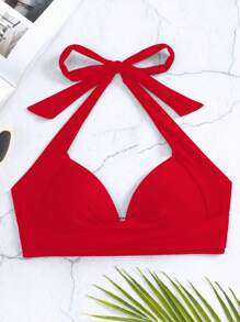 Voyashape Top de bikini de unicolor con corbata en el cuello para mujer, verano 2025 - Rojo - Ver 5