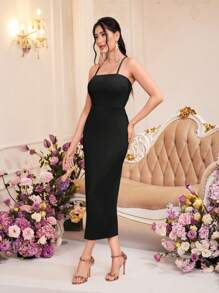 Modelyn Rochie de damă simplă cu bretele spaghetti și jachetă cu mânecă lanternă cu blană, 2 buc/set - Negru - Vizualizare 5