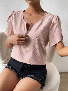 Chiquease 女式純色拉鍊閉合花瓣袖襯衫 - 粉色 - 查看 5