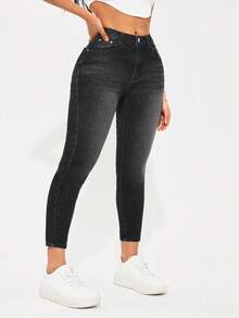 SHEIN PETITE 修身牛仔褲 - 黑色 - 查看 2