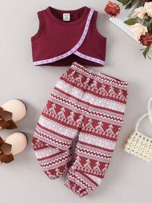 嬰兒女孩無袖上衣和印花褲度假風格2件套裝