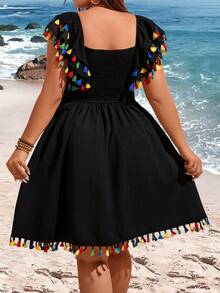 SHEIN SunnyBelle Kích thước lớn Cổ chữ V Tua chi tiết Thanh lịch Ngày lễ Đầm - màu đen - Xem 2