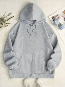 SHEIN EZwear Áo nỉ dài tay cỡ lớn có in khẩu hiệu - Màu Xám nhạt - Xem 2