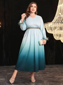 Modelyn 大码女式渐变袖口拼接毛绒连衣裙长款晚礼服 - 彩色 - 查看 3