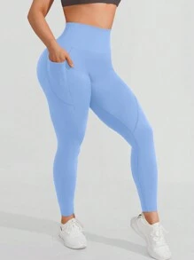 Sovereign Charm Quần legging bó liền mạch co giãn cao có túi dành cho tập luyện yoga dành cho nữ - Màu xanh nhạt - Xem 7