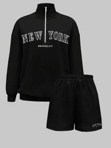 INAWLY Women's Letter Printed Zipper Half Placket Sweatshirt And Shorts Two Pieces Set Fall Cloth For Women - Black - View 3