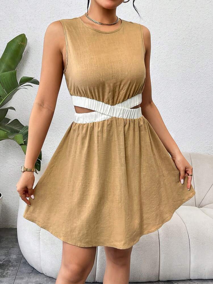 Ladies' Summer Clothes Vacation Color Block Hollow Out Sleeveless Dress, Linen Fabric