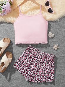 SHEIN 預/青少女用針織貓紋背心與針織寬鬆短褲,家居服2入組 - 粉色 - 查看 2