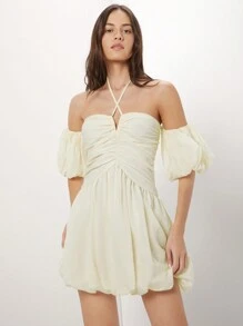 Enchnt Elegante Vestido De Halter Para Mujer Con Hombros Descubiertos, Con Volantes En Estilo Bodycon