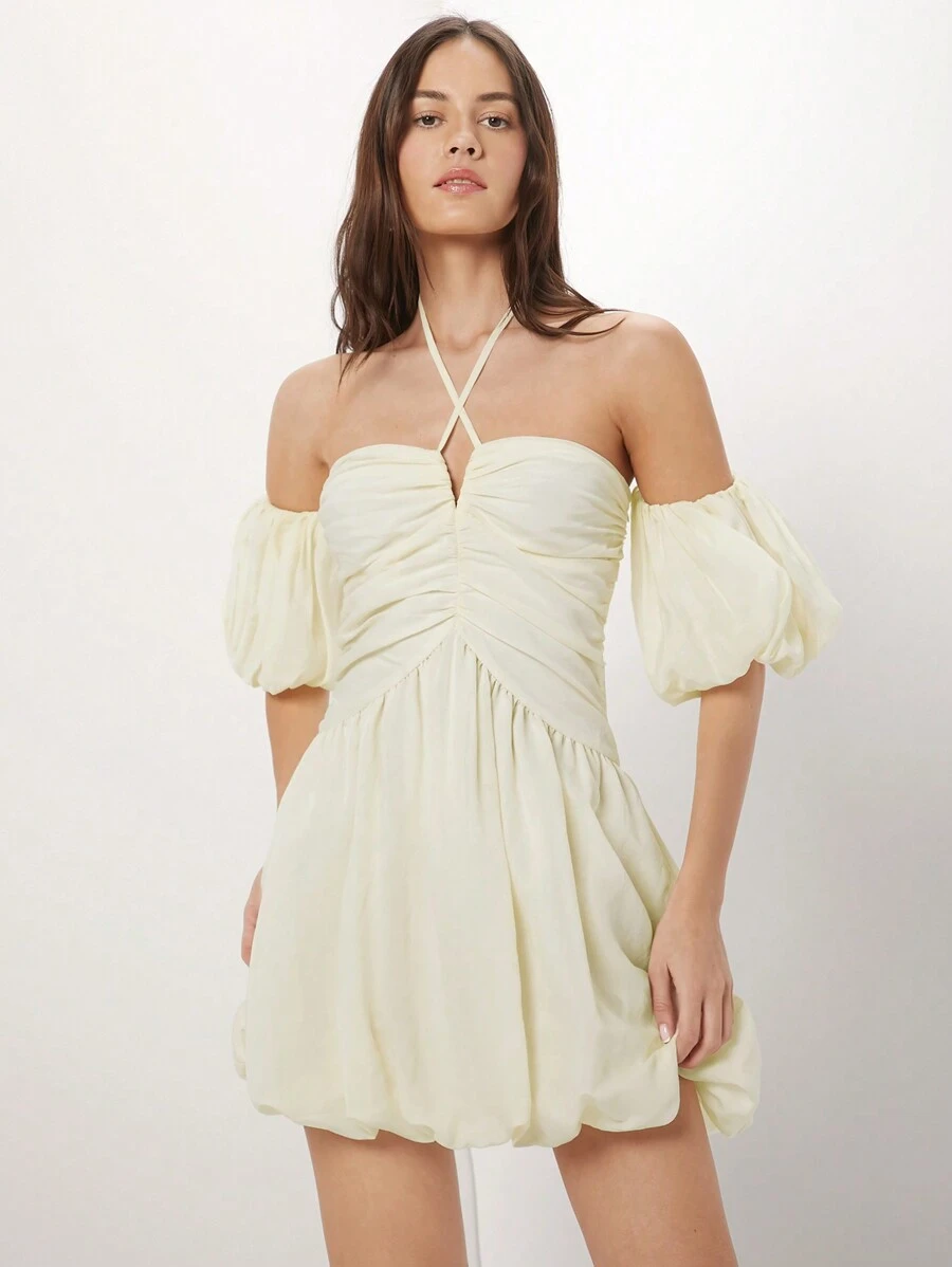 Enchnt Fashionable Women's Halter Neck Off-Shoulder Ruffled Bodycon Dress - Apricot - View 1