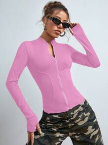 SHEIN EZwear Y2k Pink Ribbed Knit Zip Up Jacket In Fall/Winter - Pink - View 5