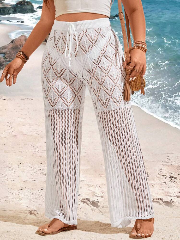 Plus Size Women's Drawstring Waist Hollow Out Knitted Beach Pants