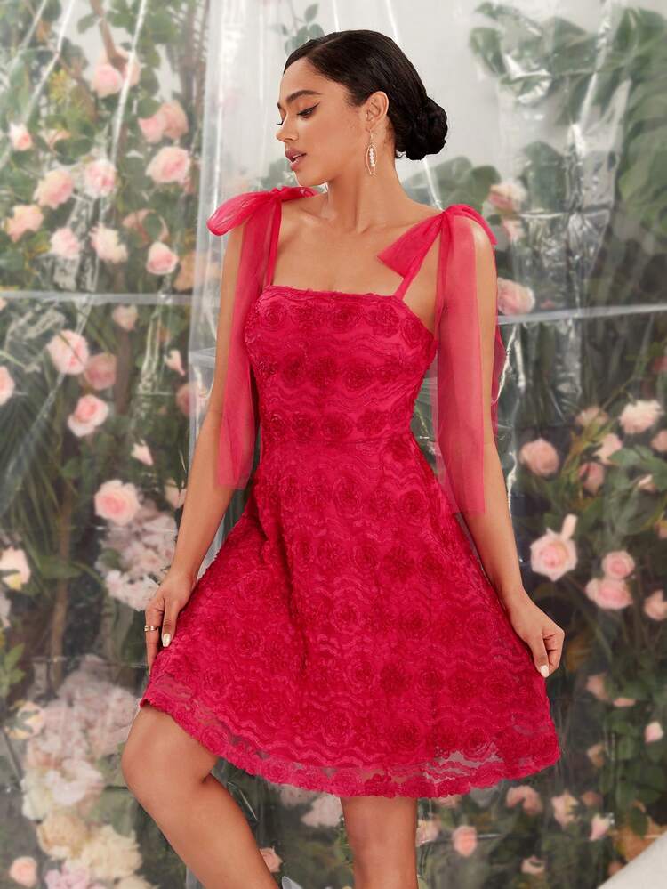 Floral 3d Effect Shoulder Knot Detail Dress