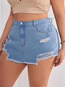 SHEIN VCAY Plus Size Women's Elasticity-Free Sexy Denim Skort - Blue - View 5