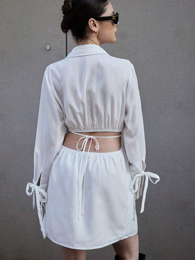Women's Summer  White Street Fashion Shirt Collar Waist Revealing Sleeves Tied Woven Casual Dresses