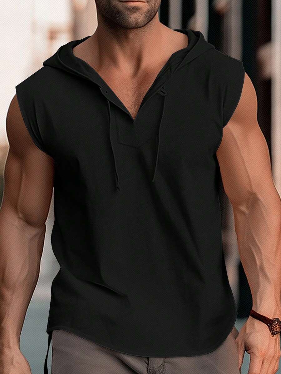 Solurane Camiseta de tirantes con capucha y cordón de unicolor para hombres, vacaciones - Negro - Ver 1