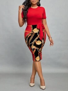 SHEIN Lady Women's Spring Summer Chain Print Round Neck Short Sleeve Slim Fit Elegant Office Work Dress - Multicolor - View 3